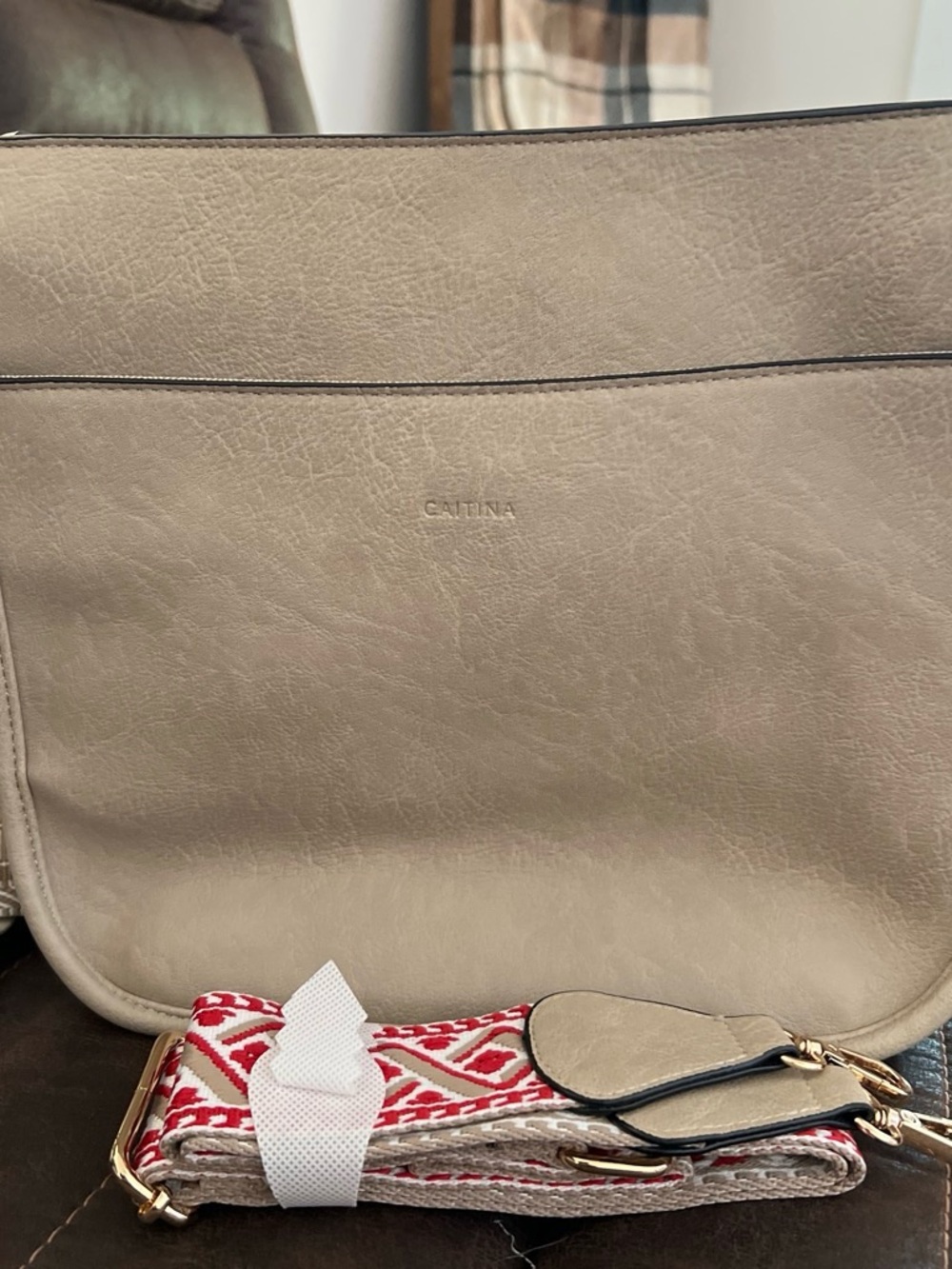 Taupe Crossbody Bag with Red Patterned Strap